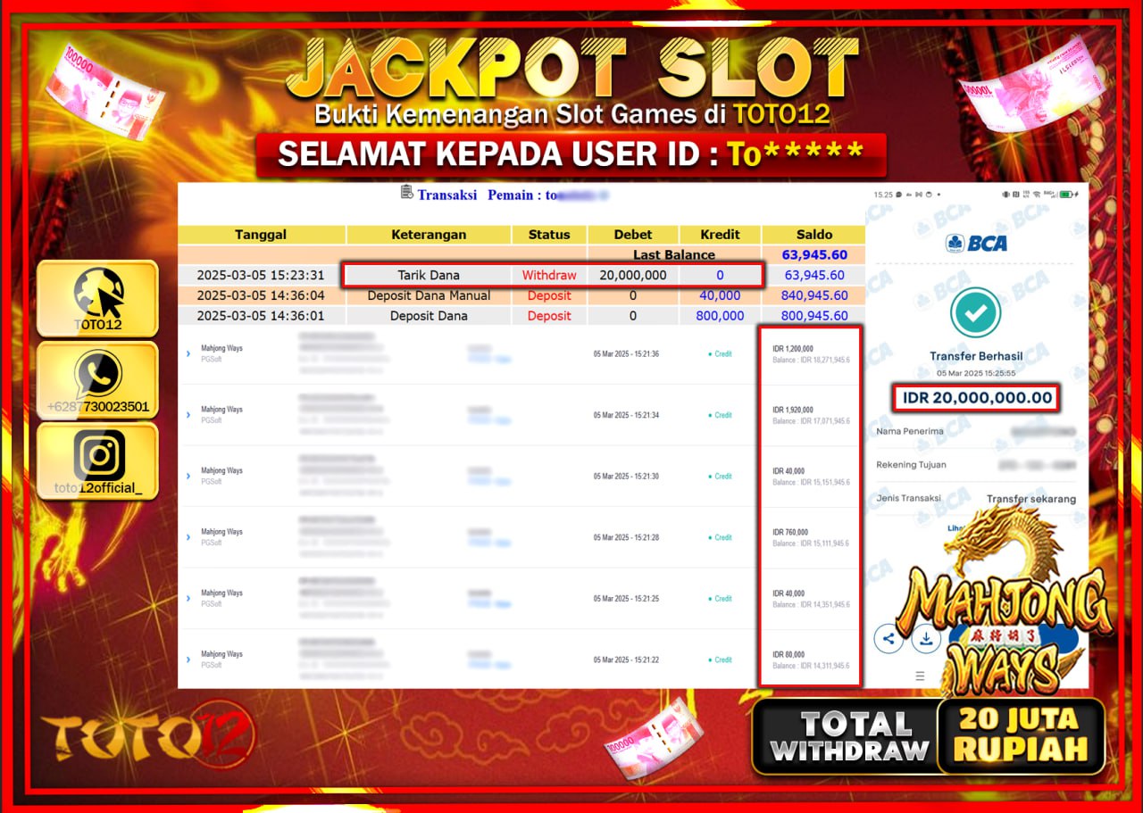 HANYA DI TOTO12 JP PASTI DI BAYAR LUNAS DAN CEPAT!!!!!! JACKPOT SLOT GAME (MAHJONG WAYS) Rp.20.000.000 !!!!