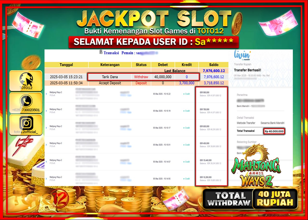 HANYA DI TOTO12 JP PASTI DI BAYAR LUNAS DAN CEPAT!!!!!! JACKPOT SLOT GAME (MAHJONG WAYS 2) Rp.40.000.000 !!!!