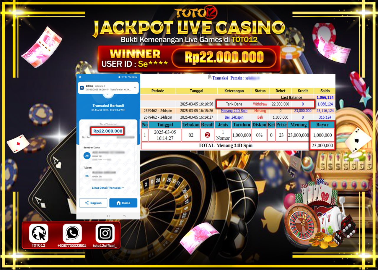 HANYA DI TOTO12 JP PASTI DI BAYAR LUNAS DAN CEPAT!!!!!! JACKPOT LIVE GAMES CASINO (24D SPIN) Rp.22.000.000 !!!!