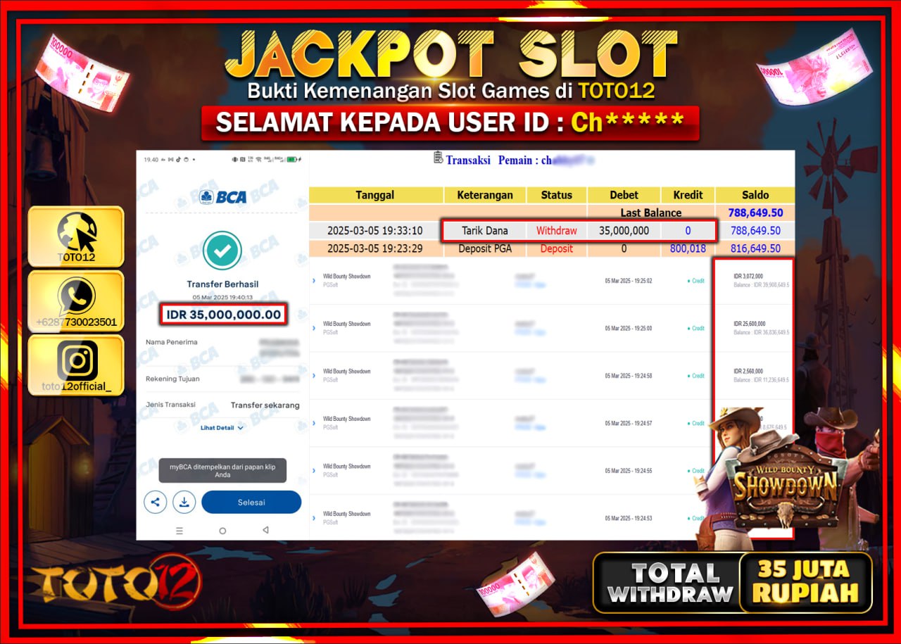 HANYA DI TOTO12 JP PASTI DI BAYAR LUNAS DAN CEPAT!!!!!! JACKPOT SLOT GAME (WILD BOUNTY SHOWDOWN) Rp.35.000.000 !!!!