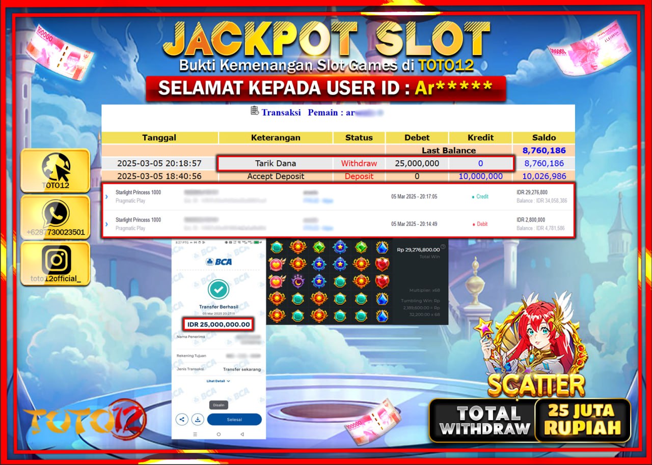 HANYA DI TOTO12 JP PASTI DI BAYAR LUNAS DAN CEPAT!!!!!! JACKPOT SLOT GAME (STARLIGHT PRINCESS 1000) Rp.25.000.000 !!!!