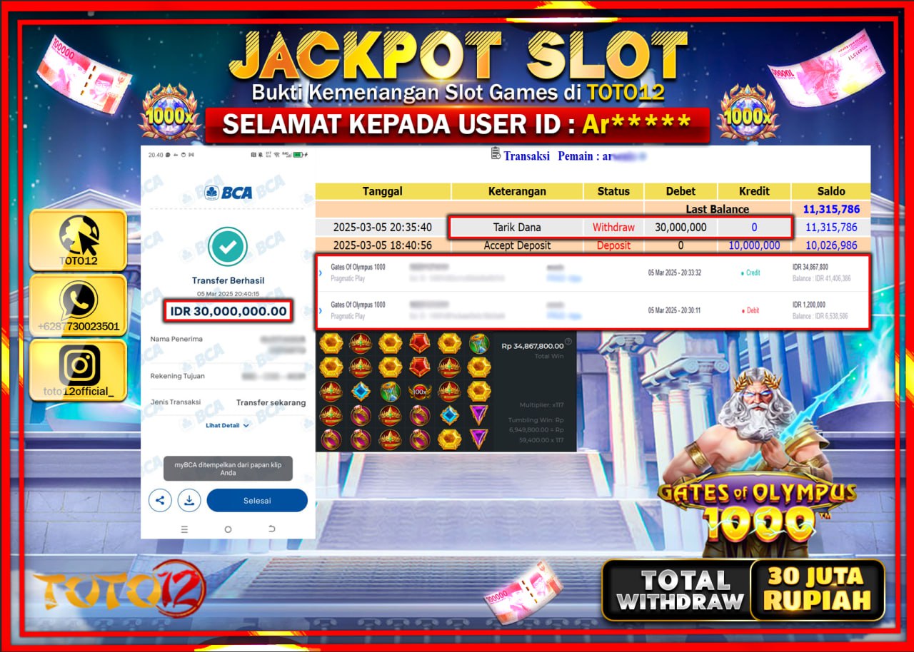 HANYA DI TOTO12 JP PASTI DI BAYAR LUNAS DAN CEPAT!!!!!! JACKPOT SLOT GAME (GATES OF OLYMPUS 1000) Rp.30.000.000 !!!!