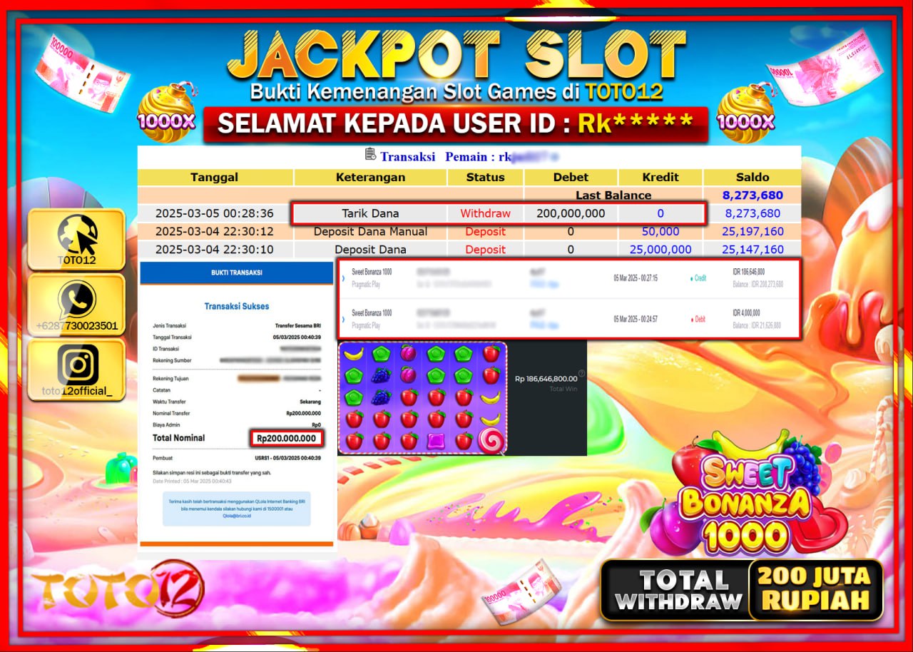 HANYA DI TOTO12 JP PASTI DI BAYAR LUNAS DAN CEPAT!!!!!! JACKPOT SLOT GAME (SWEET BONANZA 1000) Rp.200.000.000 !!!!