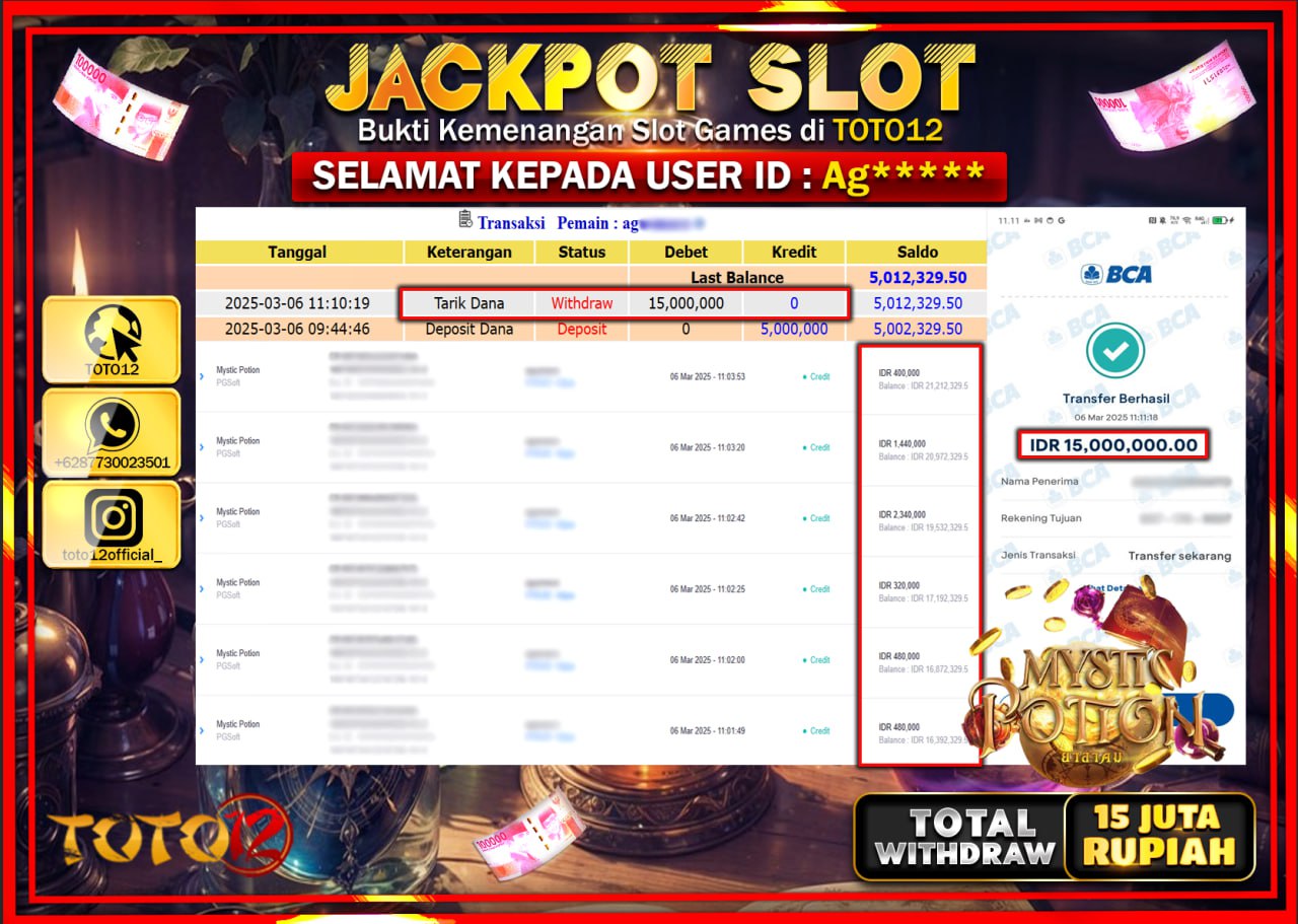 HANYA DI TOTO12 JP PASTI DI BAYAR LUNAS DAN CEPAT!!!!!! JACKPOT SLOT GAME (MYSTIC POTION) Rp.15.000.000 !!!!