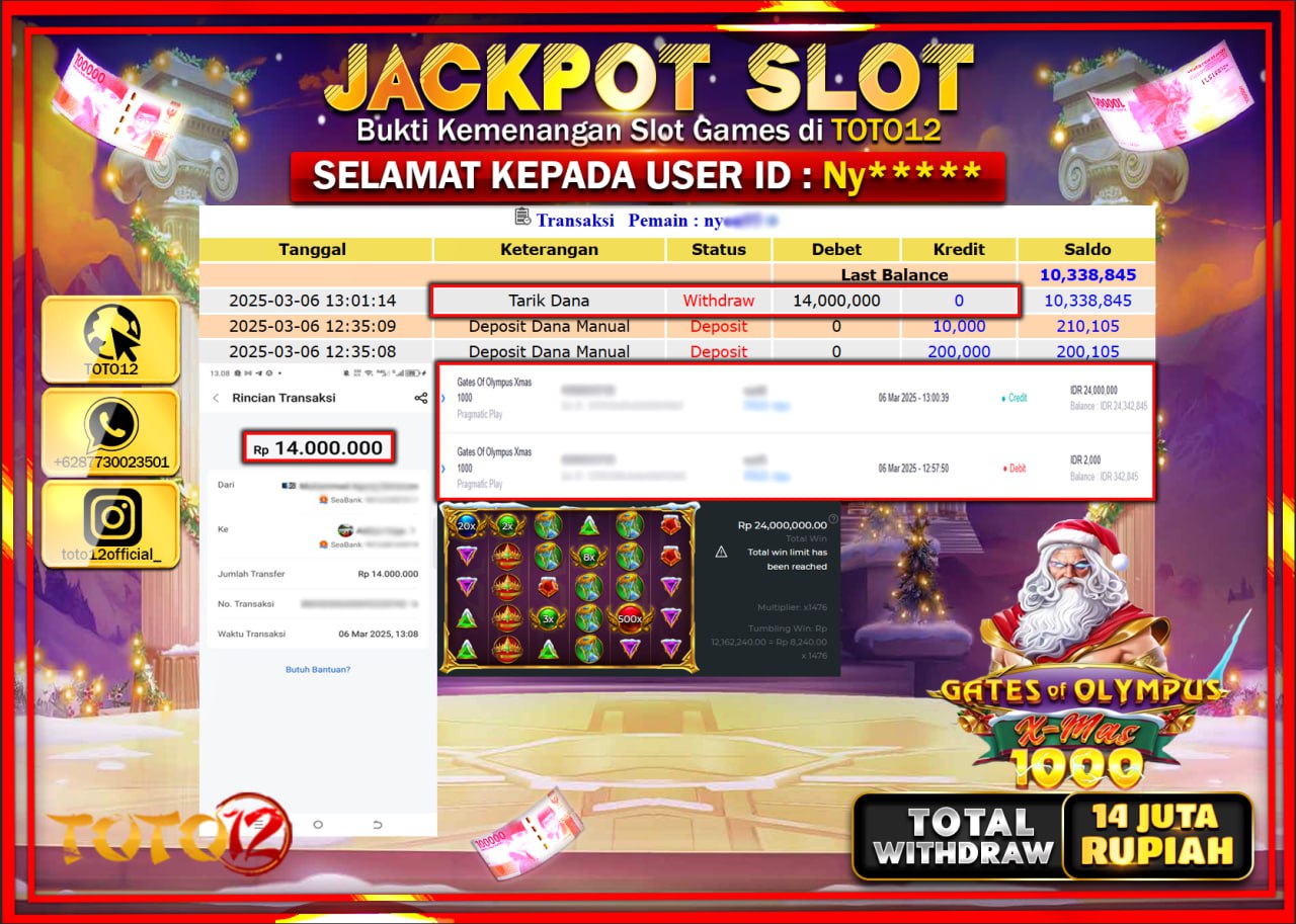 HANYA DI TOTO12 JP PASTI DI BAYAR LUNAS DAN CEPAT!!!!!! JACKPOT SLOT GAME (GATES OF OLYMPUS XMAS 1000) Rp.14.000.000 !!!!