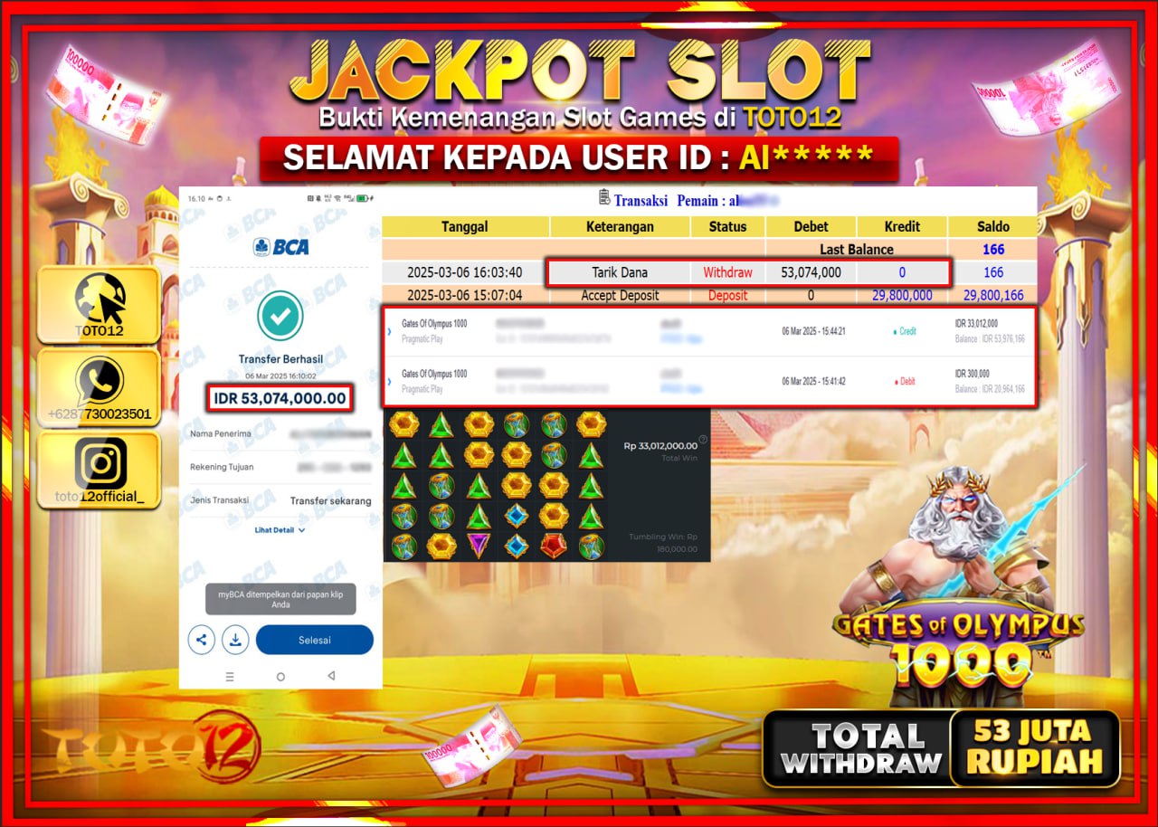 HANYA DI TOTO12 JP PASTI DI BAYAR LUNAS DAN CEPAT!!!!!! JACKPOT SLOT GAME (GATES OF OLYMPUS 1000) Rp.53.000.000 !!!!