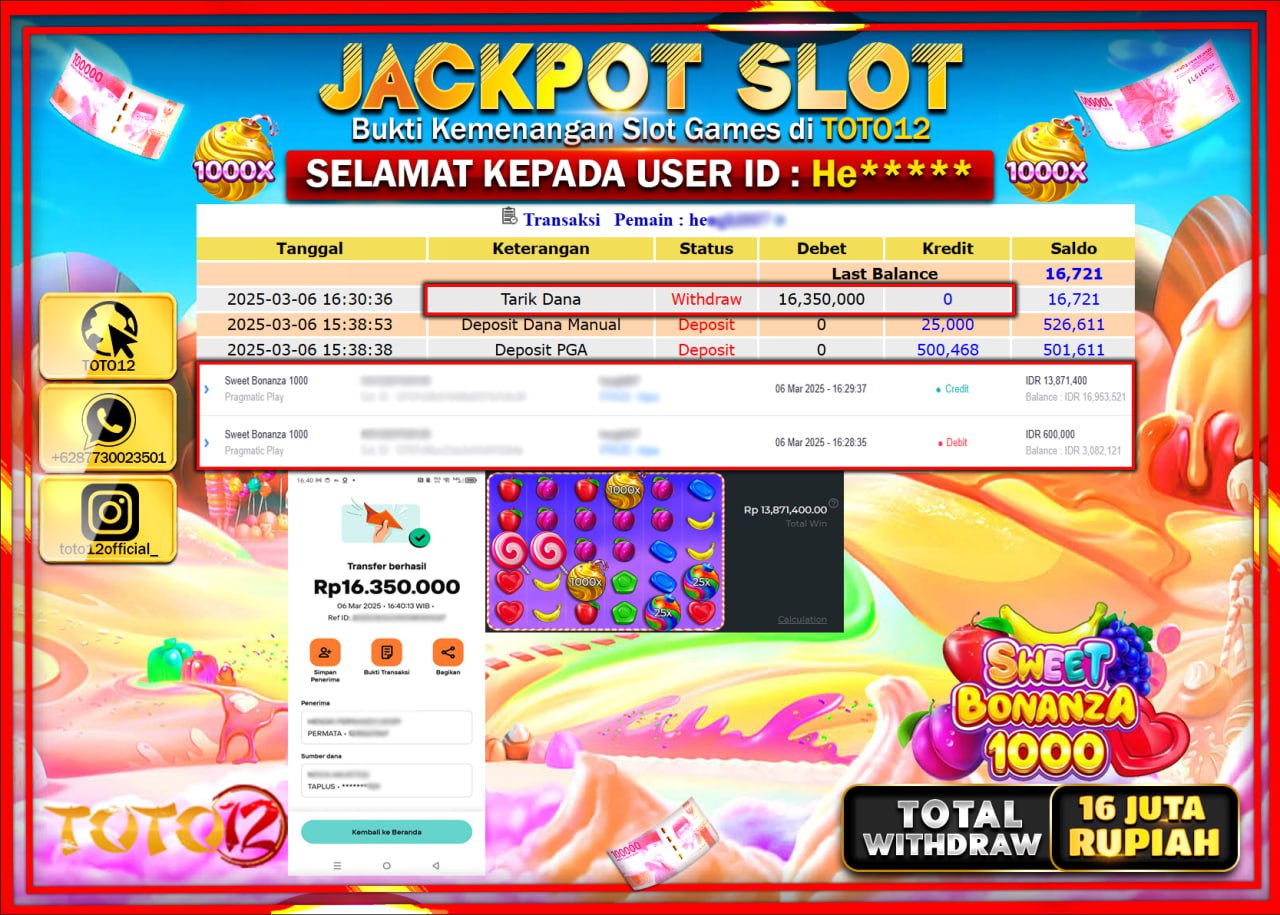 HANYA DI TOTO12 JP PASTI DI BAYAR LUNAS DAN CEPAT!!!!!! JACKPOT SLOT GAME (SWEET BONANZA 1000) Rp.16.000.000 !!!!