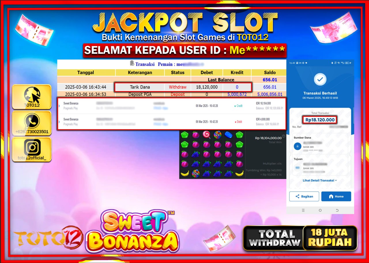 HANYA DI TOTO12 JP PASTI DI BAYAR LUNAS DAN CEPAT!!!!!! JACKPOT SLOT GAME (SWEET BONANZA) Rp.18.000.000 !!!!