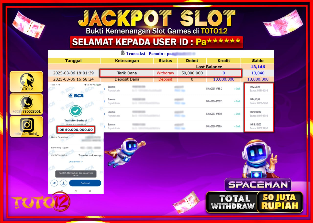 HANYA DI TOTO12 JP PASTI DI BAYAR LUNAS DAN CEPAT!!!!!! JACKPOT SLOT GAME (SPACEMAN) Rp.50.000.000 !!!!
