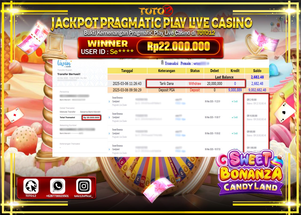 HANYA DI TOTO12 JP PASTI DI BAYAR LUNAS DAN CEPAT!!!!!! JACKPOT PRAGMATIC PLAY LIVE CASINO (SWEET BONANZA CANDY LAND) Rp.22.000.000 !!!!