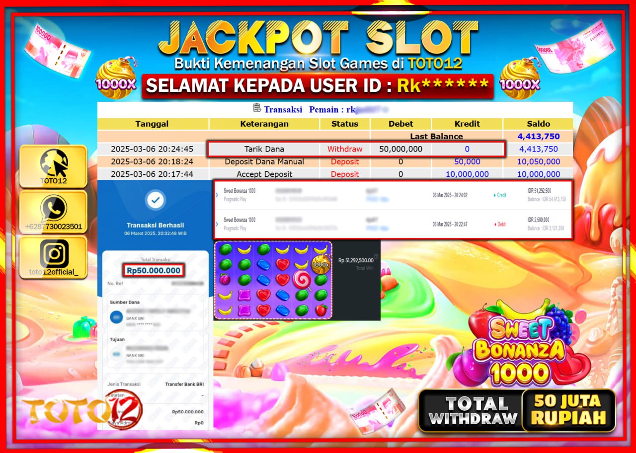 HANYA DI TOTO12 JP PASTI DI BAYAR LUNAS DAN CEPAT!!!!!! JACKPOT SLOT GAME (SWEET BONANZA 1000) Rp.50.000.000 !!!!