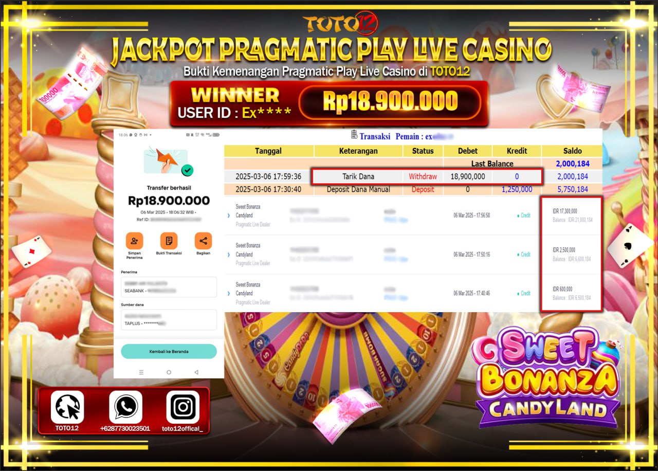 HANYA DI TOTO12 JP PASTI DI BAYAR LUNAS DAN CEPAT!!!!!! JACKPOT PRAGMATIC PLAY LIVE CASINO (SWEET BONANZA CANDY LAND) Rp.18.900.000 !!!!