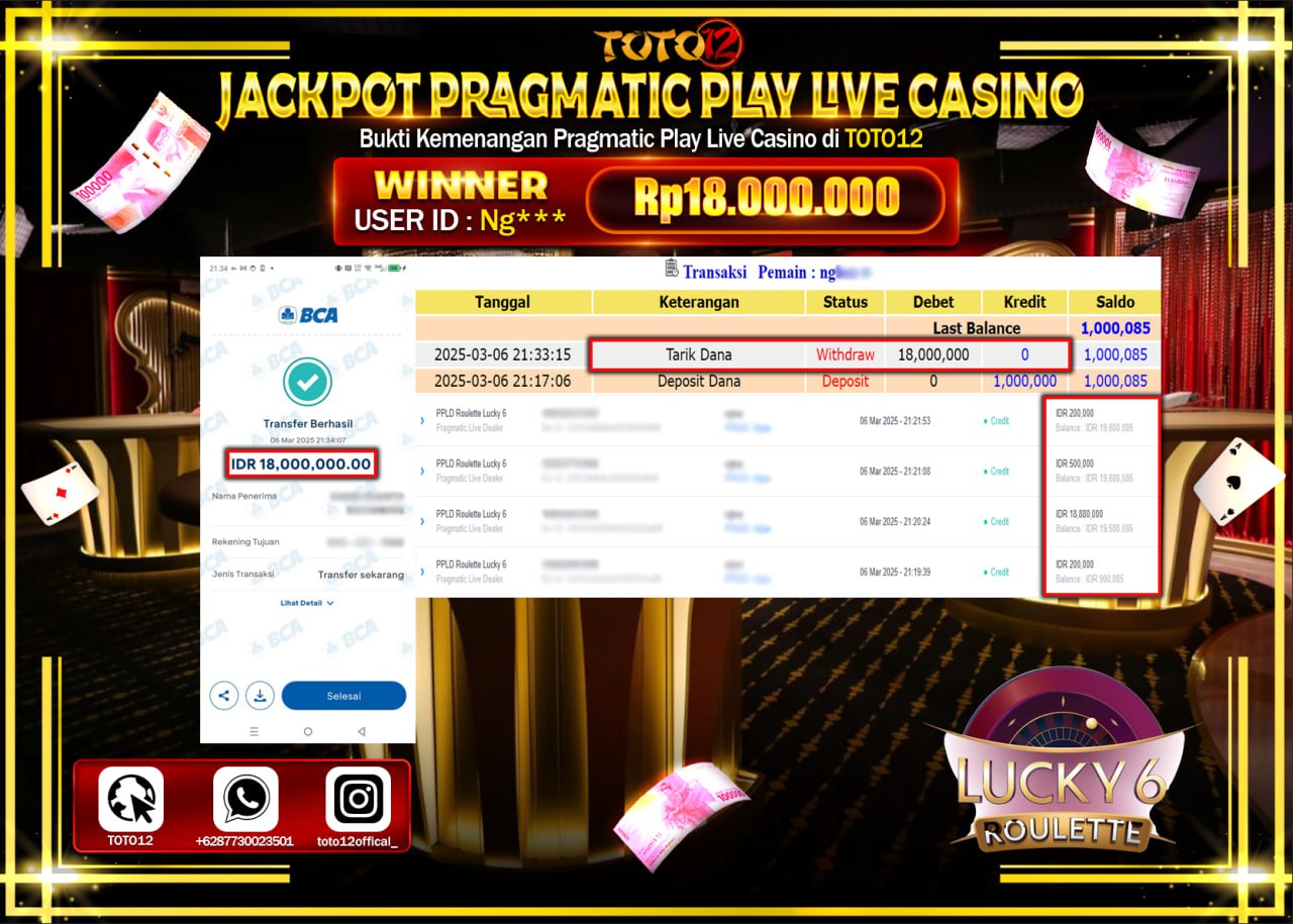 HANYA DI TOTO12 JP PASTI DI BAYAR LUNAS DAN CEPAT!!!!!! JACKPOT PRAGMATIC PLAY LIVE CASINO (ROULETTE LUCKY 6) Rp.18.000.000 !!!!
