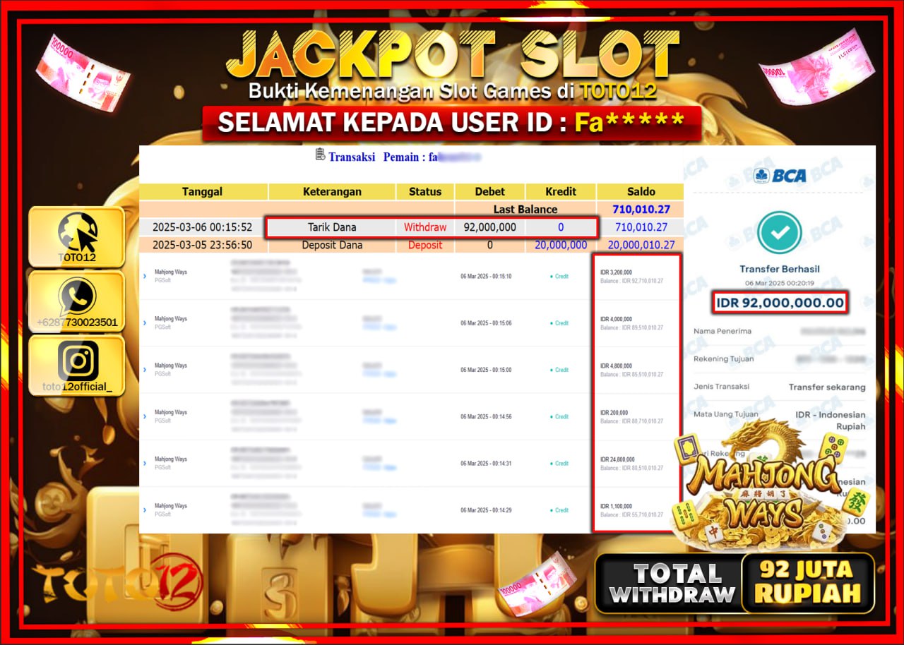 HANYA DI TOTO12 JP PASTI DI BAYAR LUNAS DAN CEPAT!!!!!! JACKPOT SLOT GAME (MAHJONG WAYS) Rp.92.000.000 !!!!
