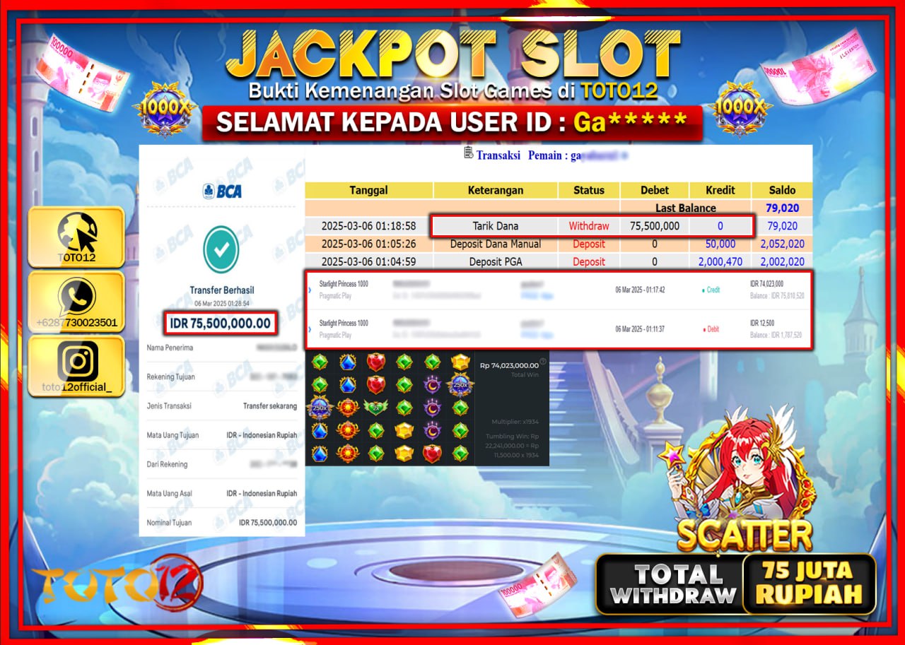 HANYA DI TOTO12 JP PASTI DI BAYAR LUNAS DAN CEPAT!!!!!! JACKPOT SLOT GAME (STARLIGHT PRINCESS 1000) Rp.75.000.000 !!!!