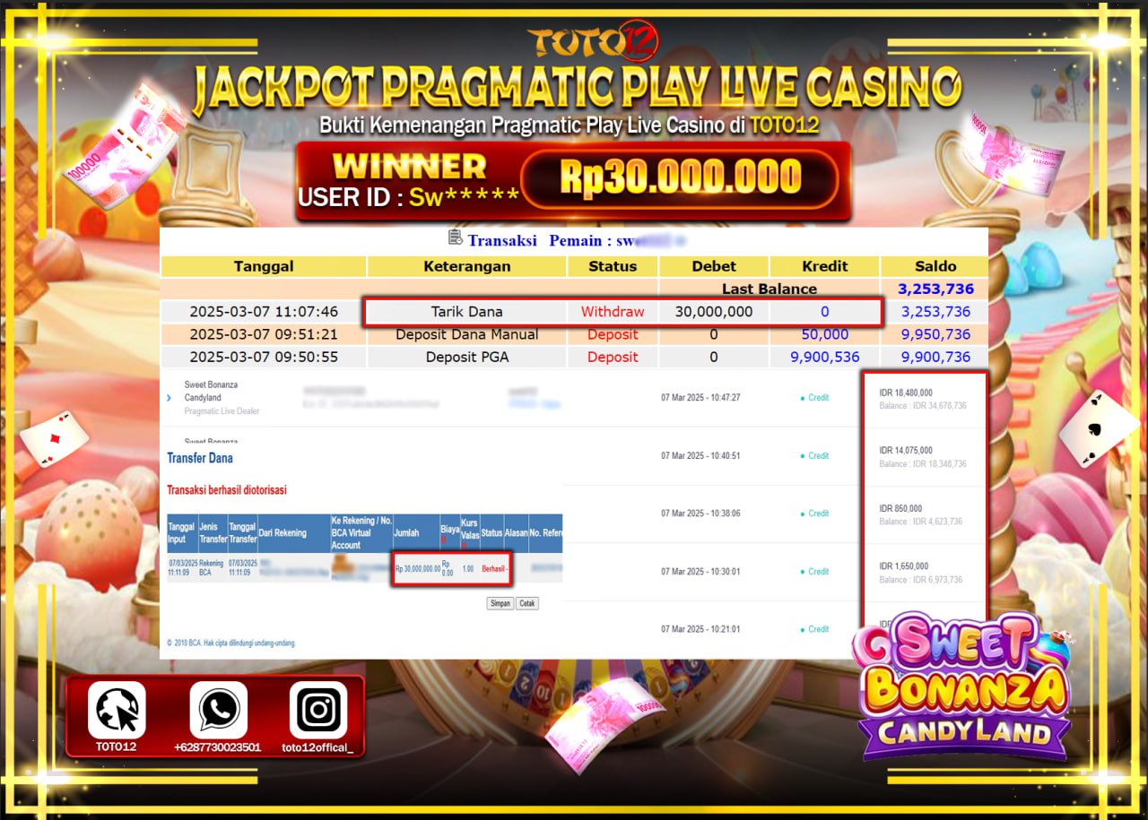HANYA DI TOTO12 JP PASTI DI BAYAR LUNAS DAN CEPAT!!!!!! JACKPOT PRAGMATIC PLAY LIVE CASINO (SWEET BONANZA CANDY LAND) Rp.30.000.000 !!!!