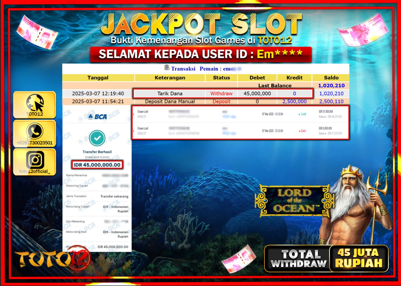 HANYA DI TOTO12 JP PASTI DI BAYAR LUNAS DAN CEPAT!!!!!! JACKPOT SLOT GAME (OCEAN LORD) Rp.45.000.000 !!!!