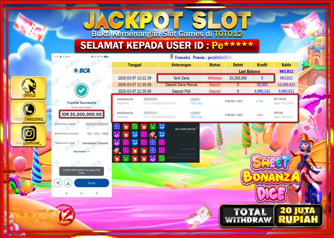 HANYA DI TOTO12 JP PASTI DI BAYAR LUNAS DAN CEPAT!!!!!! JACKPOT SLOT GAME (SWEET BONANZA DICE) Rp.20.000.000 !!!!