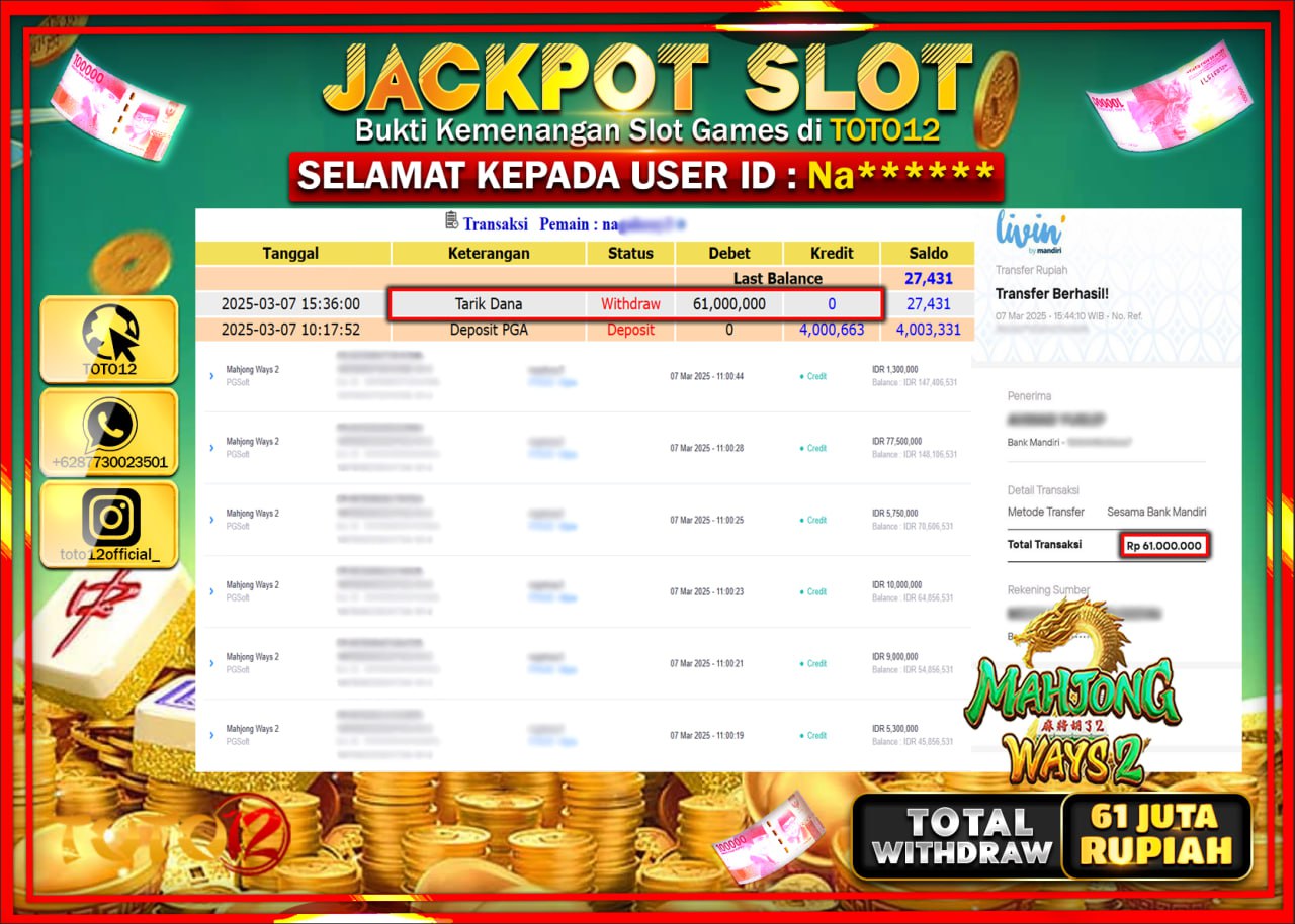 HANYA DI TOTO12 JP PASTI DI BAYAR LUNAS DAN CEPAT!!!!!! JACKPOT SLOT GAME (MAHJONG WAYS 2) Rp.61.000.000 !!!!