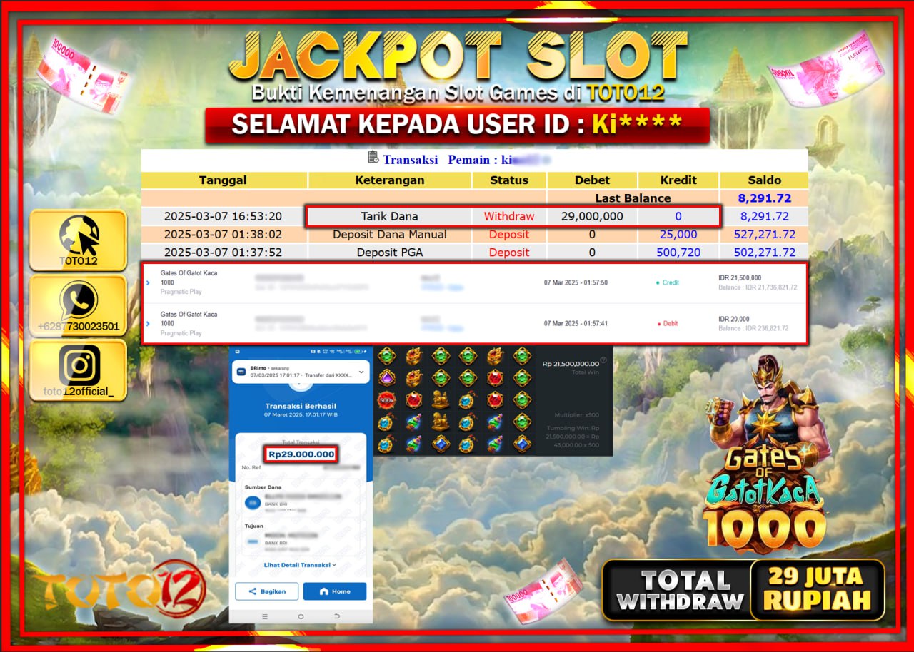 HANYA DI TOTO12 JP PASTI DI BAYAR LUNAS DAN CEPAT!!!!!! JACKPOT SLOT GAME (GATES OF GATOT KACA 1000) Rp.29.000.000 !!!!