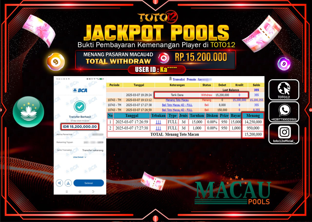 HANYA DI TOTO12 JP PASTI DI BAYAR LUNAS DAN CEPAT!!!!!! JACKPOT POOLS PASARAN(TOTO MACAU4D) Rp.15.200.000 !!!!