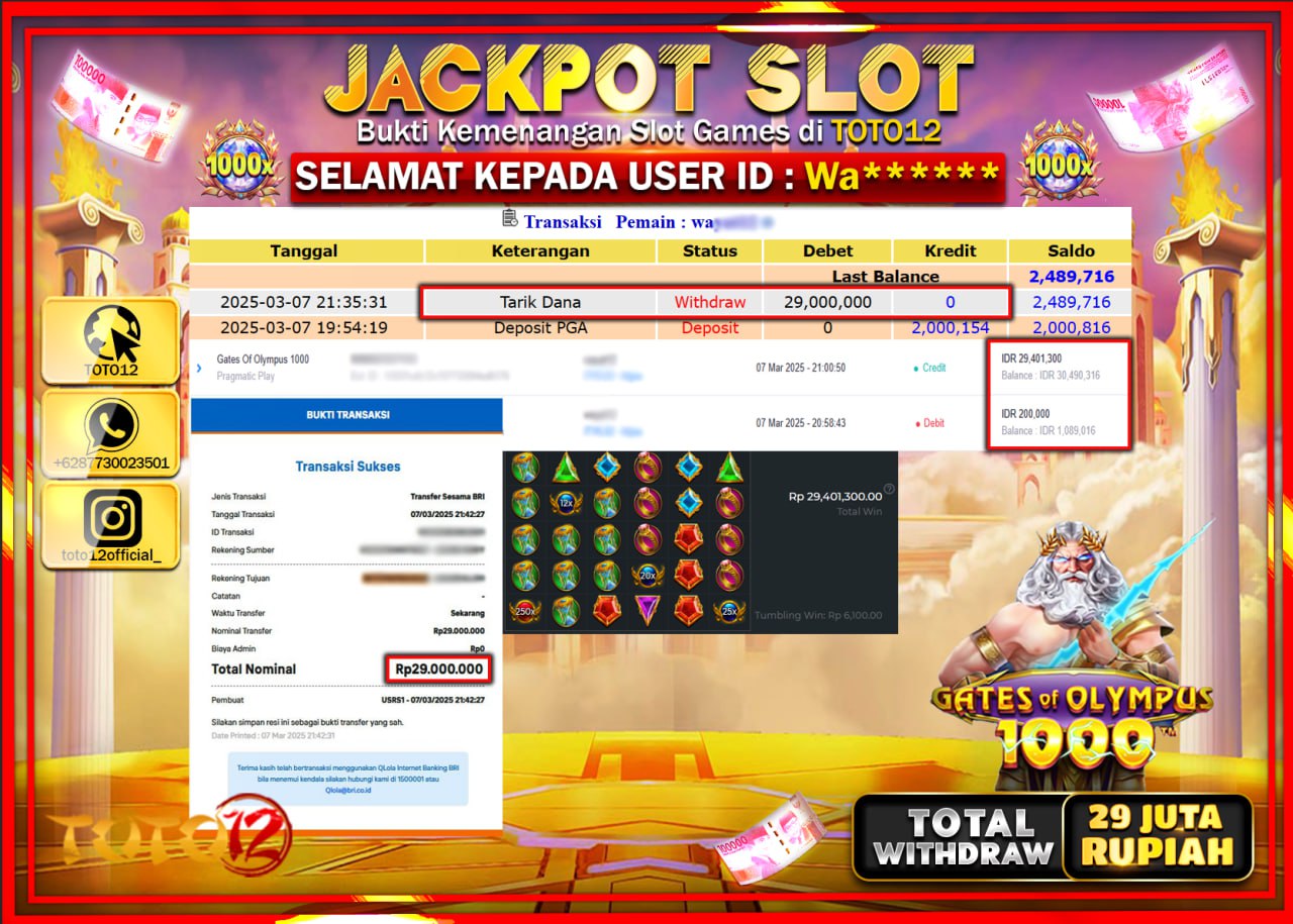 HANYA DI TOTO12 JP PASTI DI BAYAR LUNAS DAN CEPAT!!!!!! JACKPOT SLOT GAME (GATES OF OLYMPUS 1000) Rp.29.000.000 !!!!