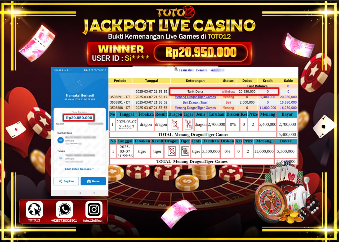 HANYA DI TOTO12 JP PASTI DI BAYAR LUNAS DAN CEPAT!!!!!! JACKPOT LIVE GAMES CASINO (DRAGON TIGER) Rp.20.950.000 !!!!