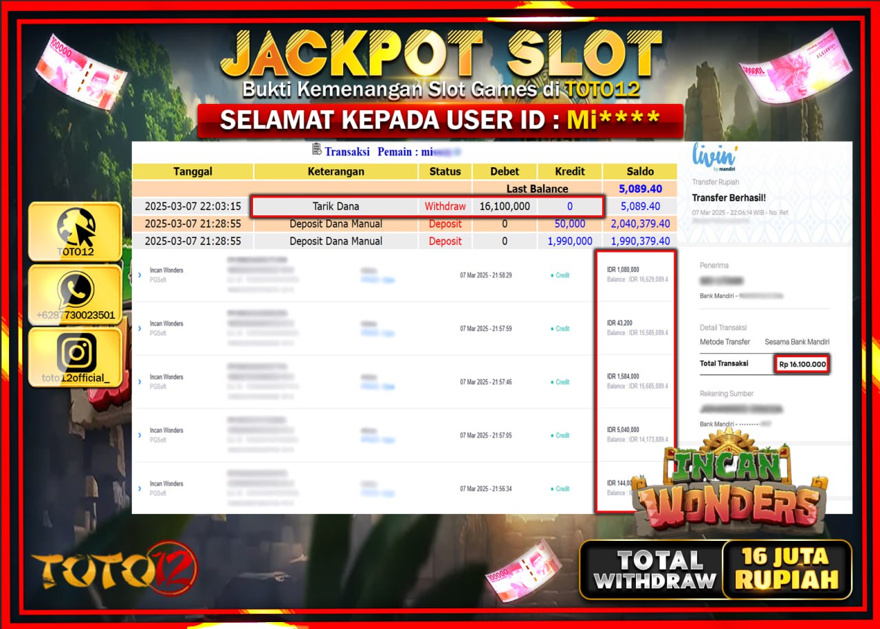 HANYA DI TOTO12 JP PASTI DI BAYAR LUNAS DAN CEPAT!!!!!! JACKPOT SLOT GAME (INCAN WONDERS) Rp.16.000.000 !!!!