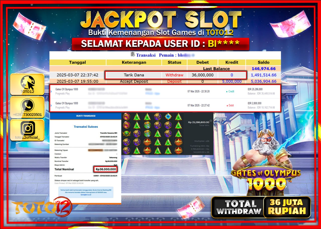 HANYA DI TOTO12 JP PASTI DI BAYAR LUNAS DAN CEPAT!!!!!! JACKPOT SLOT GAME (GATES OF OLYMPUS 1000) Rp.36.000.000 !!!!