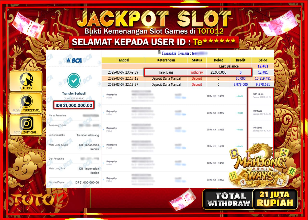 HANYA DI TOTO12 JP PASTI DI BAYAR LUNAS DAN CEPAT!!!!!! JACKPOT SLOT GAME (MAHJONG WAYS) Rp.21.000.000 !!!!
