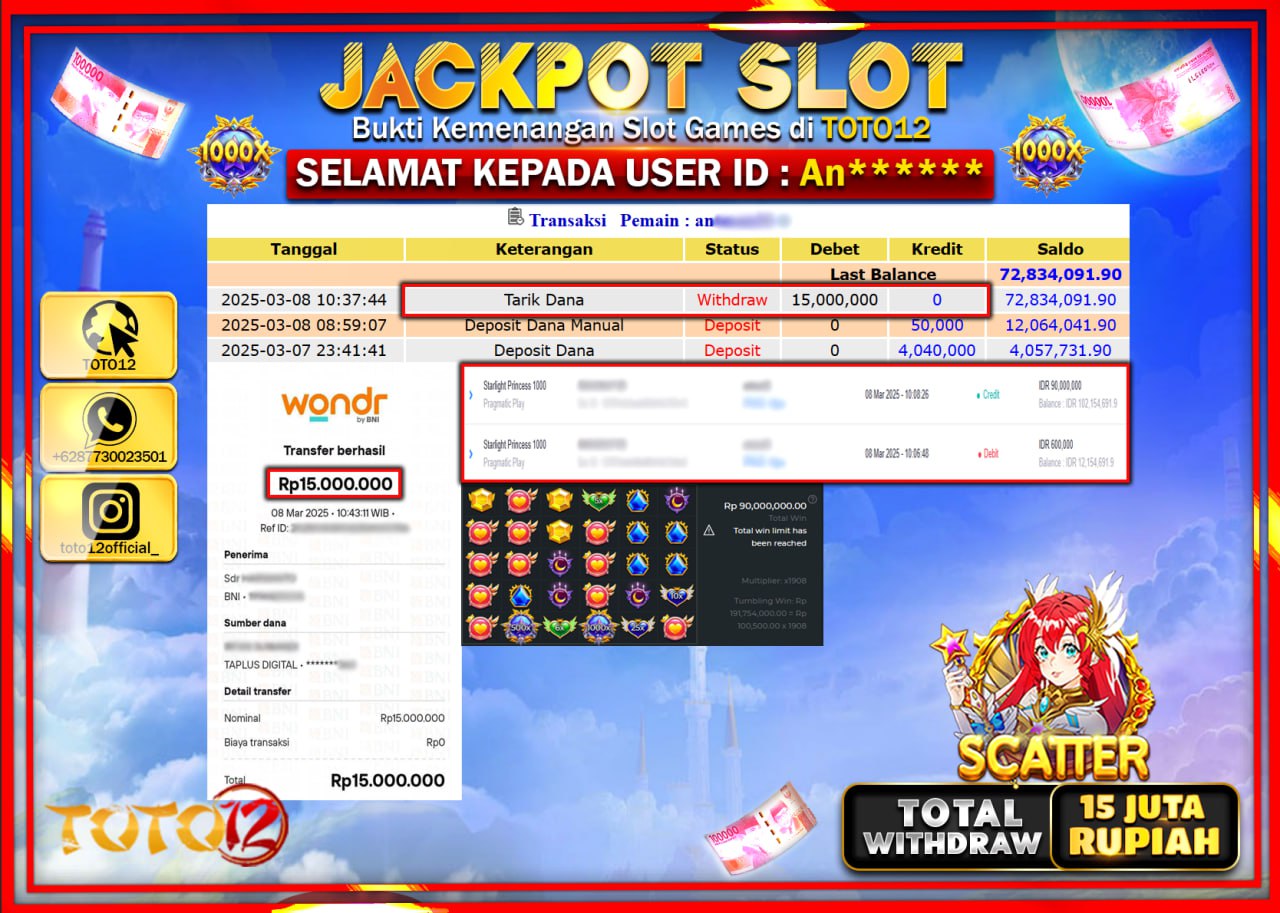 HANYA DI TOTO12 JP PASTI DI BAYAR LUNAS DAN CEPAT!!!!!! JACKPOT SLOT GAME (STARLIGHT PRINCESS 1000) Rp.15.000.000 !!!!