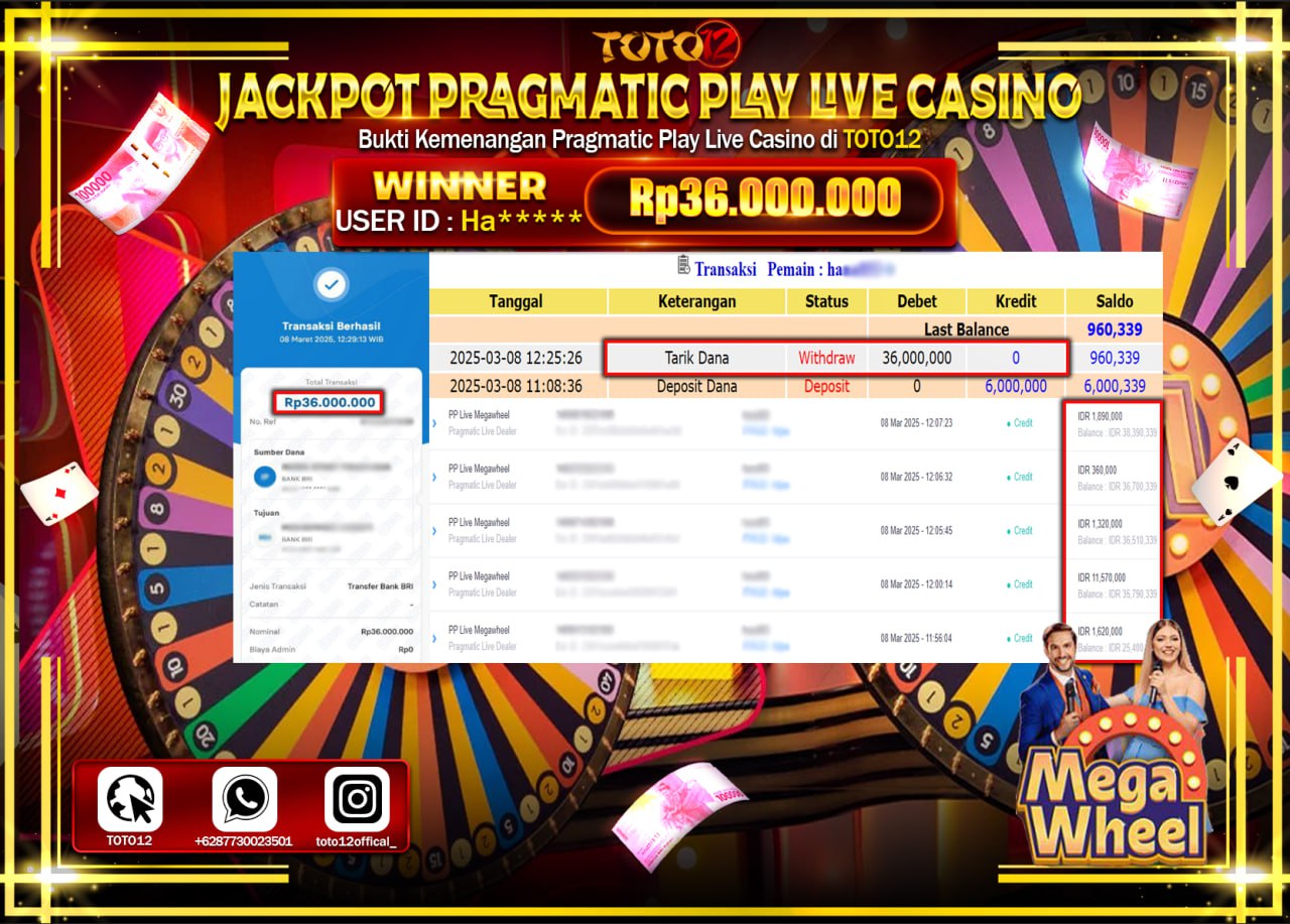 HANYA DI TOTO12 JP PASTI DI BAYAR LUNAS DAN CEPAT!!!!!! JACKPOT PRAGMATIC PLAY LIVE CASINO (MEGA WHEEL) Rp.36.000.000 !!!!