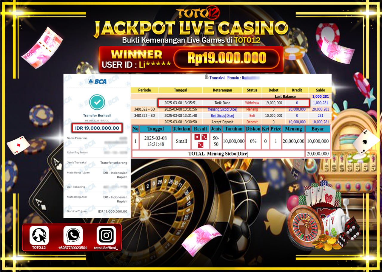 HANYA DI TOTO12 JP PASTI DI BAYAR LUNAS DAN CEPAT!!!!!! JACKPOT LIVE GAMES CASINO (SICBO DICE) Rp.19.000.000 !!!!