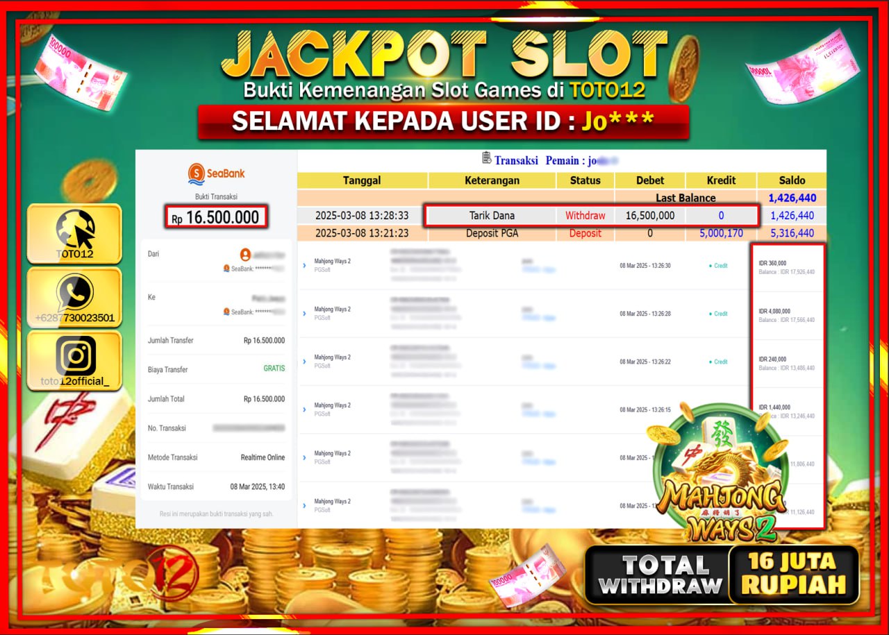 HANYA DI TOTO12 JP PASTI DI BAYAR LUNAS DAN CEPAT!!!!!! JACKPOT SLOT GAME (MAHJONG WAYS 2) Rp.16.000.000 !!!!