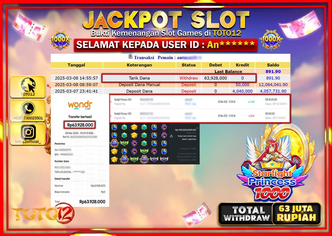 HANYA DI TOTO12 JP PASTI DI BAYAR LUNAS DAN CEPAT!!!!!! JACKPOT SLOT GAME (STARLIGHT PRINCESS 1000) Rp.63.000.000 !!!!