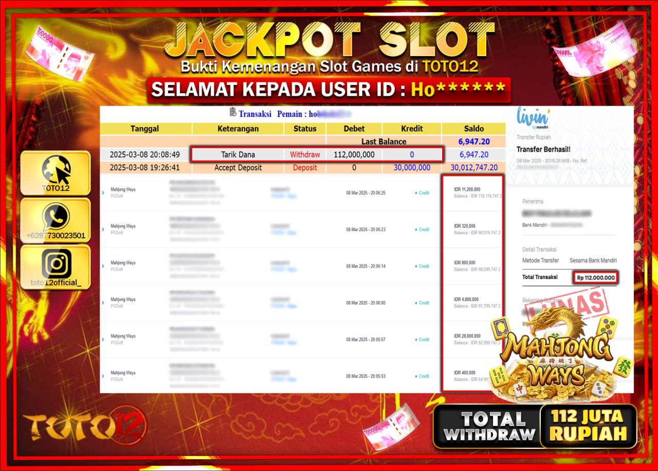 HANYA DI TOTO12 JP PASTI DI BAYAR LUNAS DAN CEPAT!!!!!! JACKPOT SLOT GAME (MAHJONG WAYS) Rp.112.000.000 !!!!