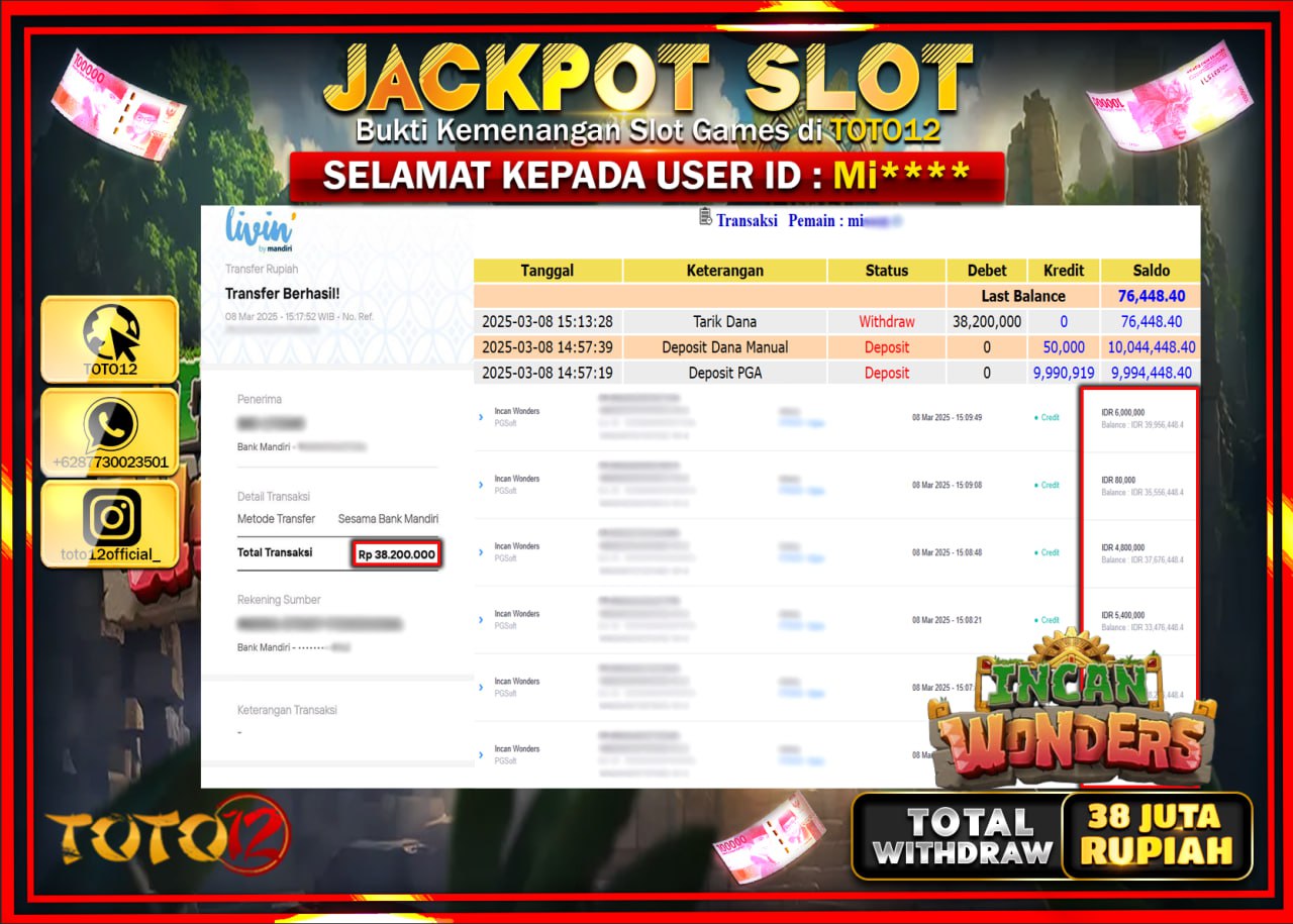 HANYA DI TOTO12 JP PASTI DI BAYAR LUNAS DAN CEPAT!!!!!! JACKPOT SLOT GAME (INCAN WONDERS) Rp.38.000.000 !!!!
