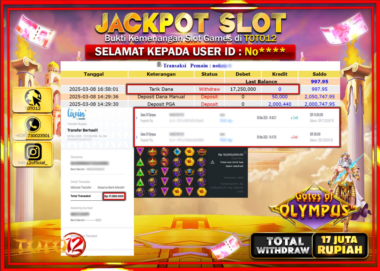 HANYA DI TOTO12 JP PASTI DI BAYAR LUNAS DAN CEPAT!!!!!! JACKPOT SLOT GAME (GATES OF OLYMPUS) Rp.17.000.000 !!!!