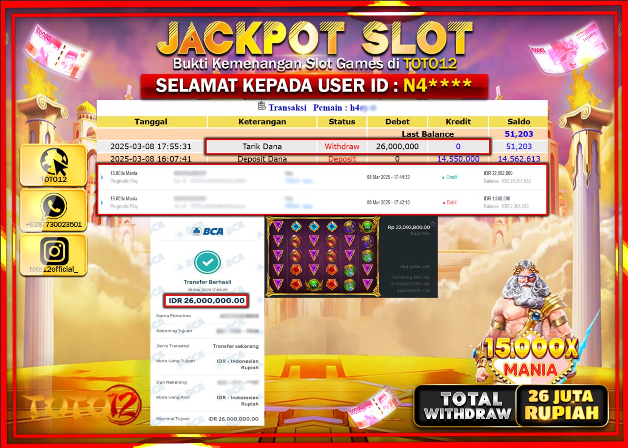 HANYA DI TOTO12 JP PASTI DI BAYAR LUNAS DAN CEPAT!!!!!! JACKPOT SLOT GAME (15.000X MANIA) Rp.26.000.000 !!!!
