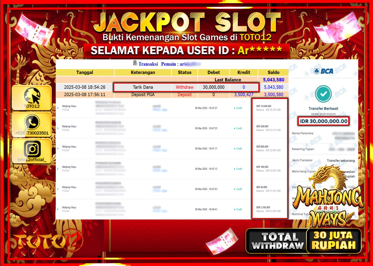 HANYA DI TOTO12 JP PASTI DI BAYAR LUNAS DAN CEPAT!!!!!! JACKPOT SLOT GAME (MAHJONG WAYS) Rp.30.000.000 !!!!