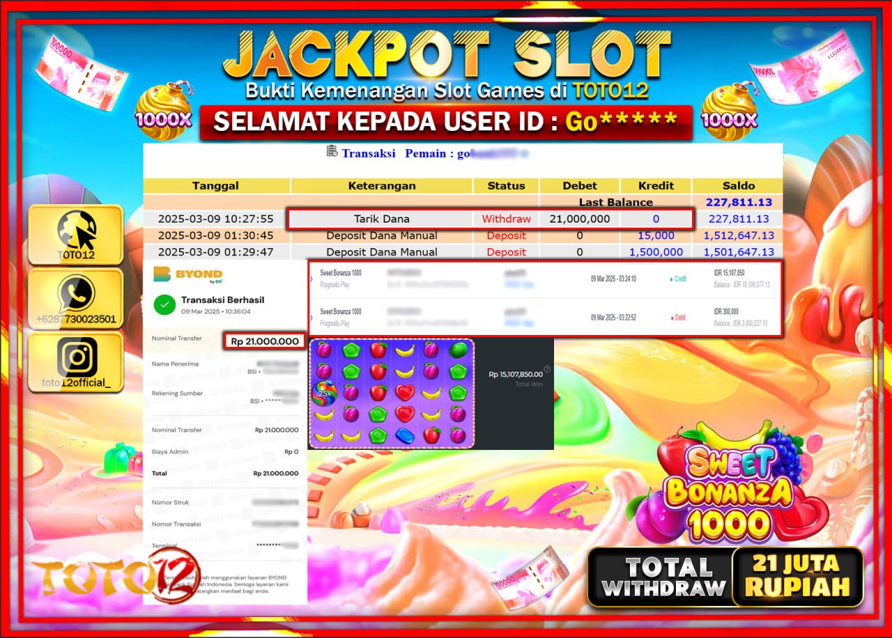 HANYA DI TOTO12 JP PASTI DI BAYAR LUNAS DAN CEPAT!!!!!! JACKPOT SLOT GAME (SWEET BONANZA 1000) Rp.21.000.000 !!!!