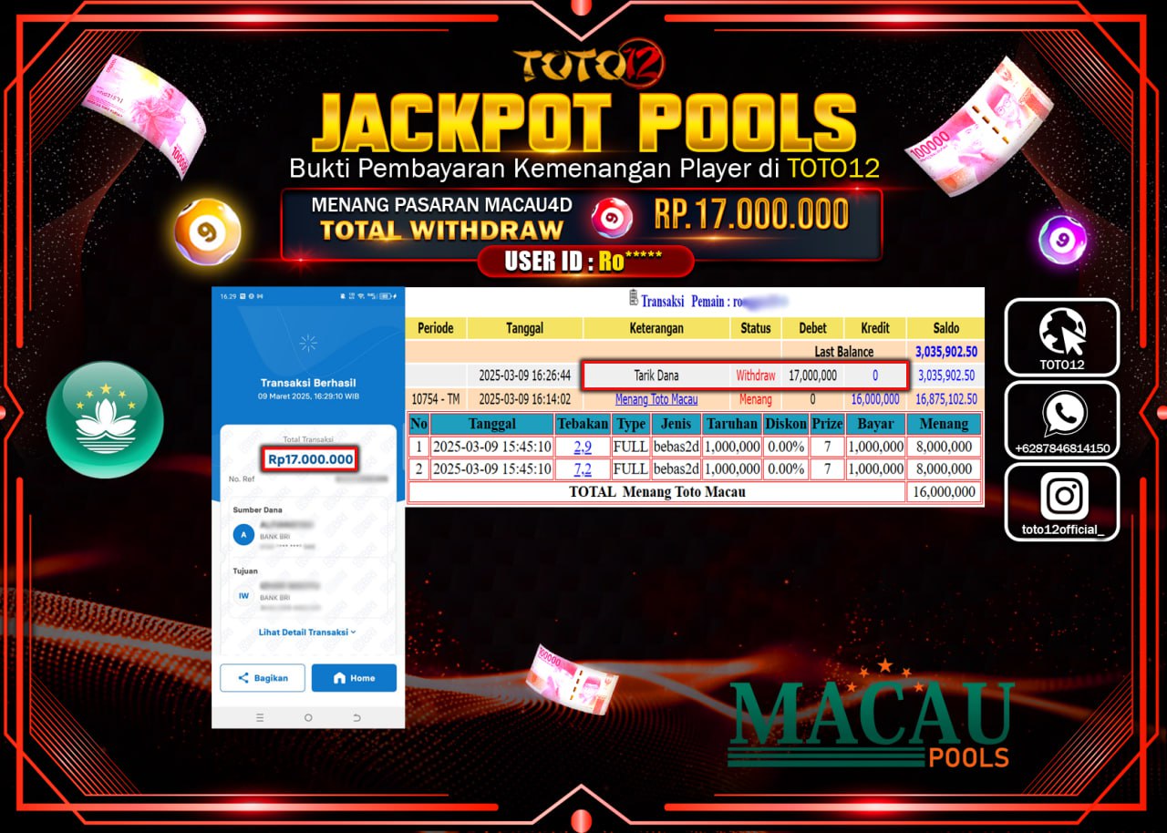 HANYA DI TOTO12 JP PASTI DI BAYAR LUNAS DAN CEPAT!!!!!! JACKPOT POOLS PASARAN (TOTO MACAU4D) Rp.17.000.000 !!!!