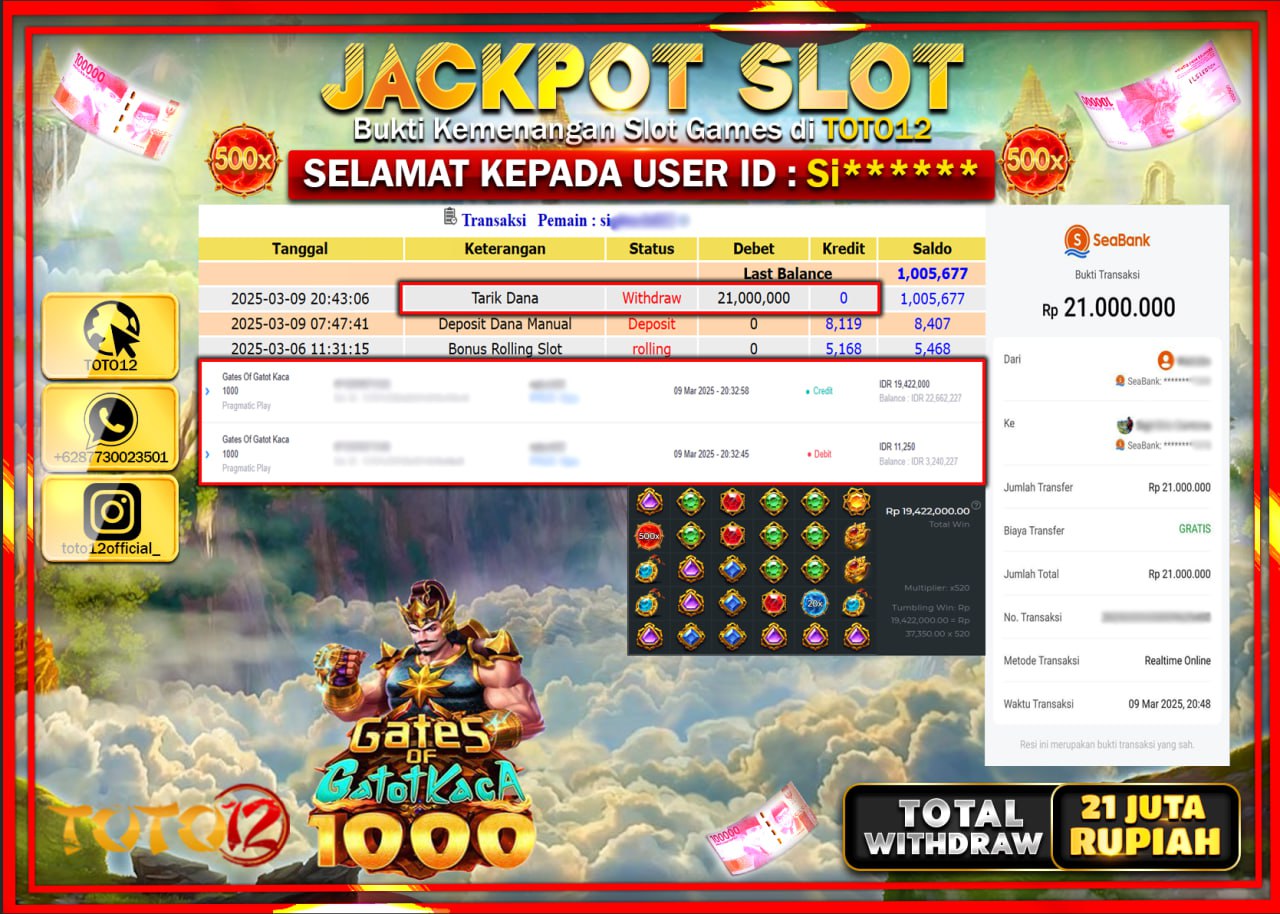 HANYA DI TOTO12 JP PASTI DI BAYAR LUNAS DAN CEPAT!!!!!! JACKPOT SLOT GAME (GATES OF GATOT KACA 1000) Rp.21.000.000 !!!!