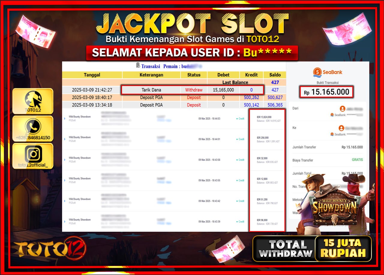 HANYA DI TOTO12 JP PASTI DI BAYAR LUNAS DAN CEPAT!!!!!! JACKPOT SLOT GAME (WILD BOUNTY SHOWDOWN) Rp.15.000.000 !!!!