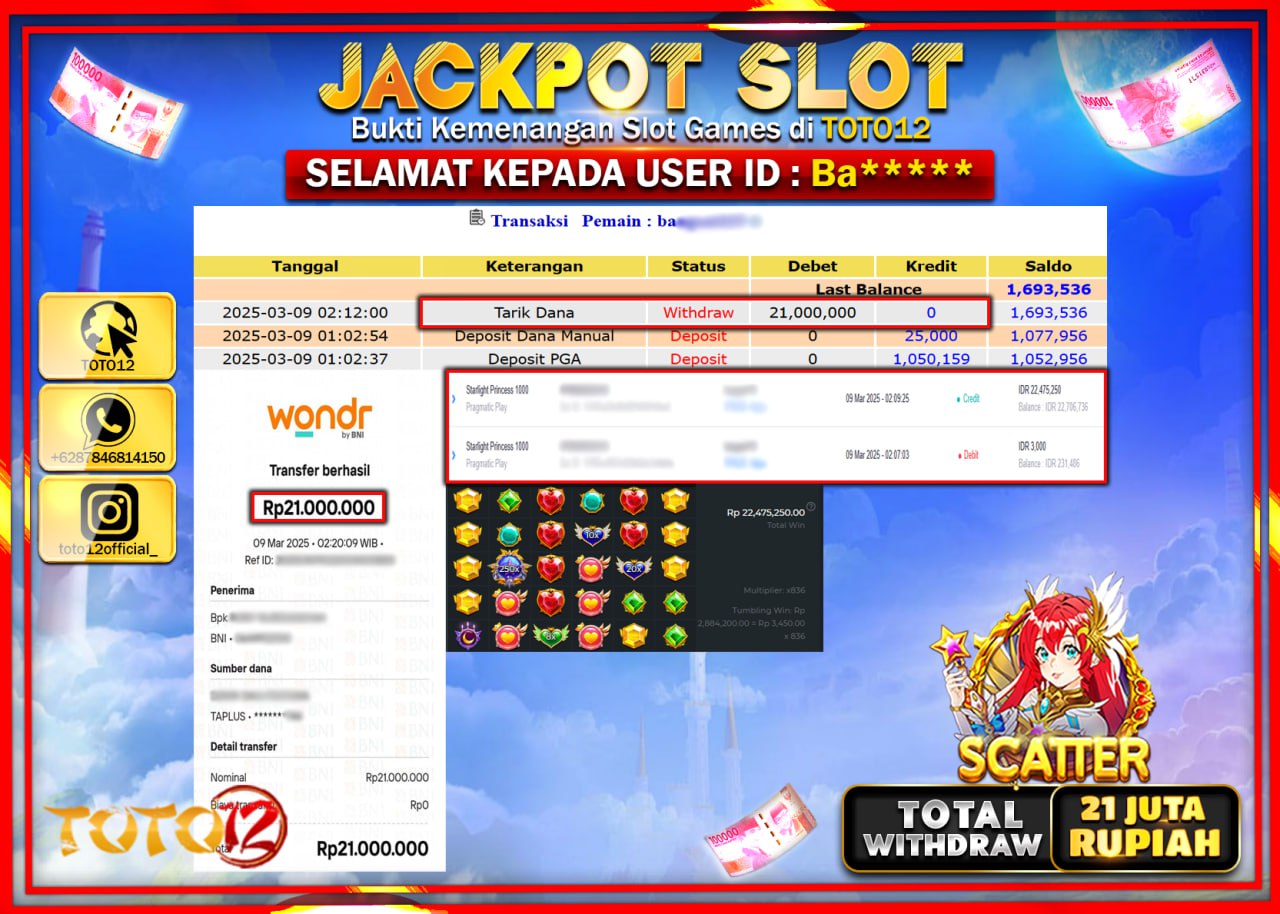 HANYA DI TOTO12 JP PASTI DI BAYAR LUNAS DAN CEPAT!!!!!! JACKPOT SLOT GAME (STARLIGHT PRINCESS 1000) Rp.21.000.000 !!!!