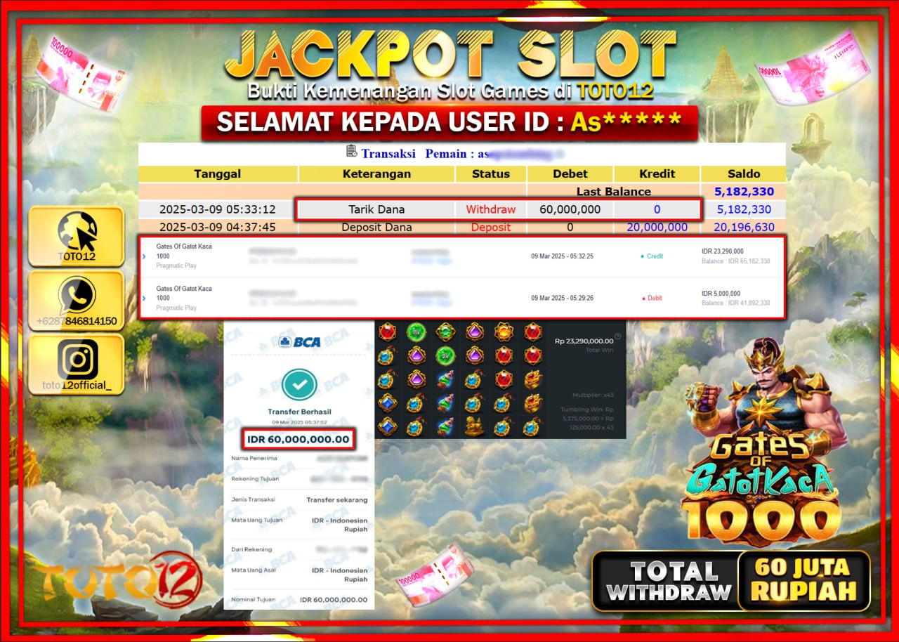 HANYA DI TOTO12 JP PASTI DI BAYAR LUNAS DAN CEPAT!!!!!! JACKPOT SLOT GAME (GATES OF GATOT KACA 1000) Rp.60.000.000 !!!!