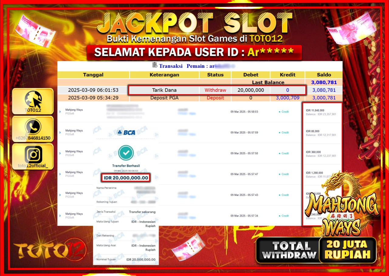 HANYA DI TOTO12 JP PASTI DI BAYAR LUNAS DAN CEPAT!!!!!! JACKPOT SLOT GAME (MAHJONG WAYS) Rp.20.000.000 !!!!