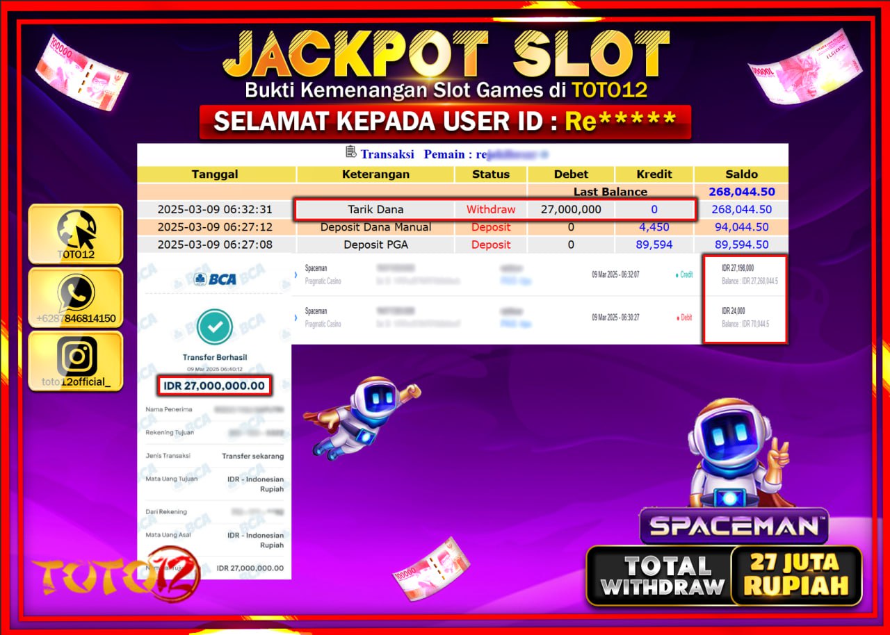HANYA DI TOTO12 JP PASTI DI BAYAR LUNAS DAN CEPAT!!!!!! JACKPOT SLOT GAME (SPACEMAN) Rp.27.000.000 !!!!
