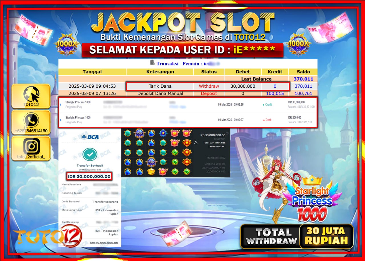 HANYA DI TOTO12 JP PASTI DI BAYAR LUNAS DAN CEPAT!!!!!! JACKPOT SLOT GAME (STARLIGHT PRINCESS 1000) Rp.30.000.000 !!!!