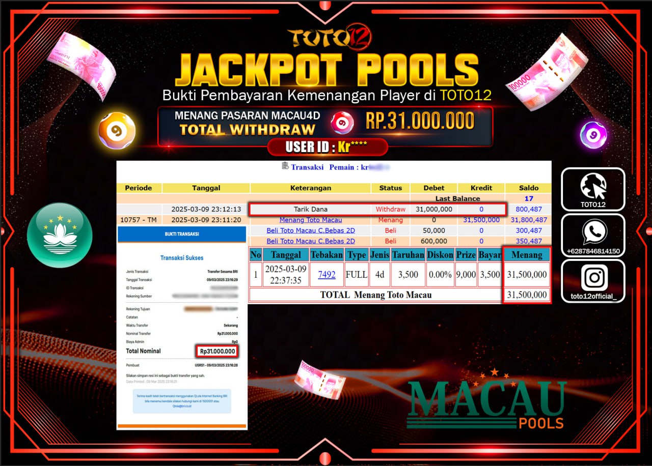 HANYA DI TOTO12 JP PASTI DI BAYAR LUNAS DAN CEPAT!!!!!! JACKPOT POOLS PASARAN (TOTO MACAU4D) Rp.31.000.000 !!!!